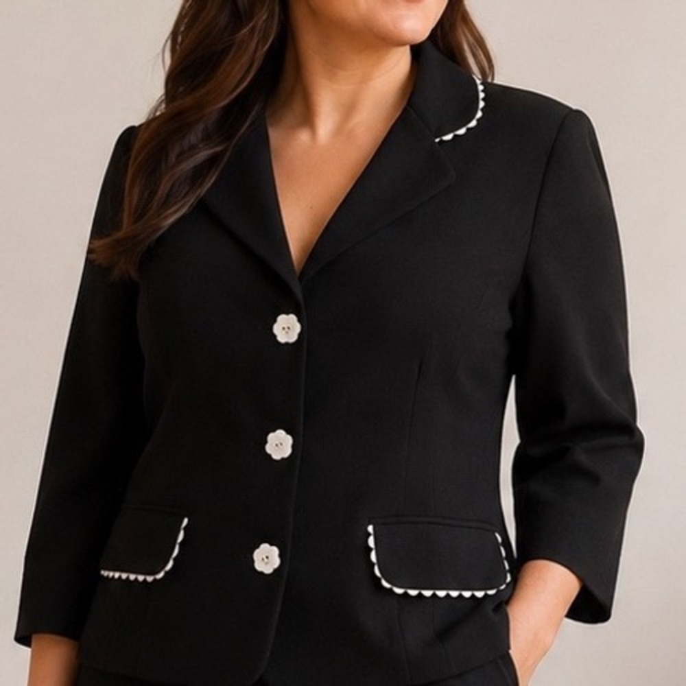 Black White Mod Blazer Women's 8 Pearl Flower Buttons Scallop Trim Retro Preppy